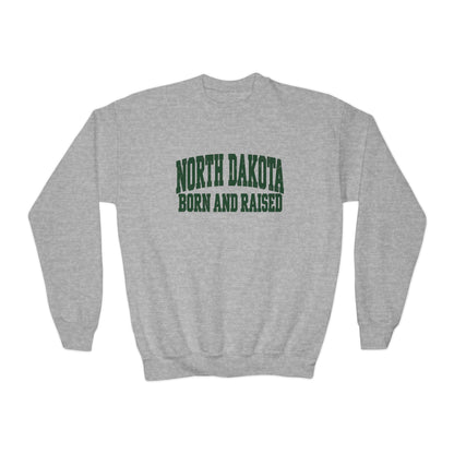 North Dakota Born and Raised Vintage Collegiate Unisex Youth Crewneck Sweatshirt Graphic
