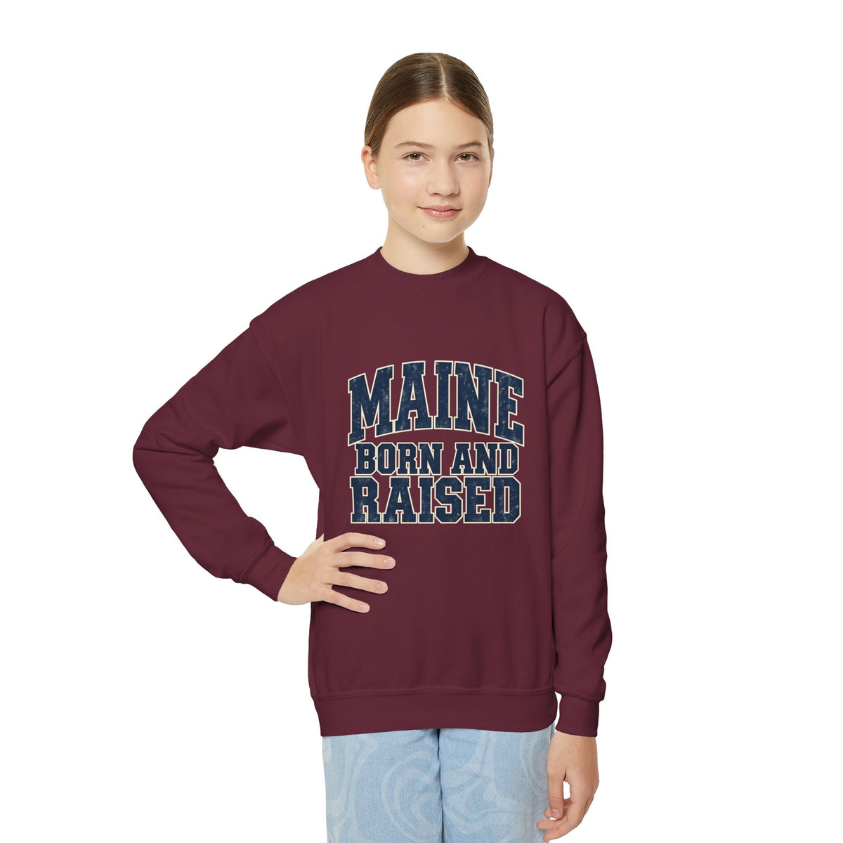 Maine Born and Raised Bold Athletic Unisex Youth Crewneck Sweatshirt Graphic