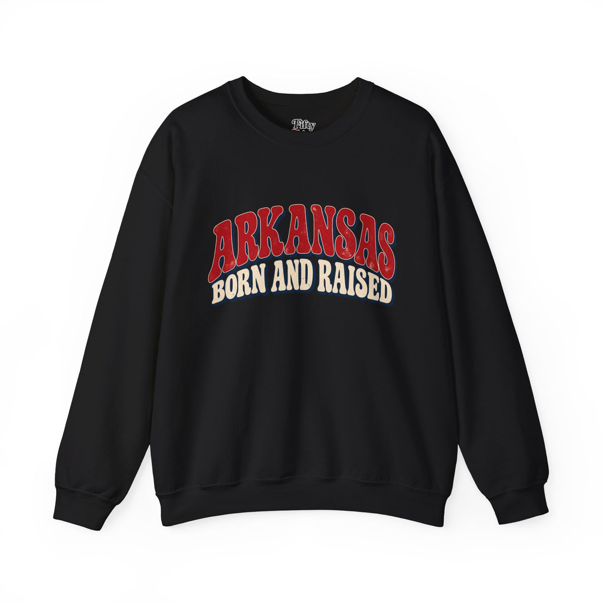 Arkansas Born and Raised Retro 1970s Americana Unisex Sweatshirt Graphic
