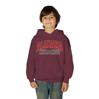 Alabama Born and Raised Bold Southern Americana Unisex Youth Heavy Blend Hooded Sweatshirt Graphic