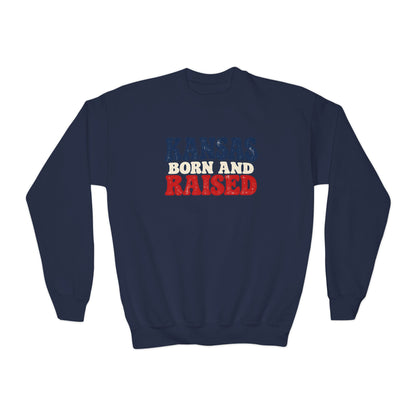 Kansas Born and Raised Retro 1970s Unisex Youth Crewneck Sweatshirt Graphic