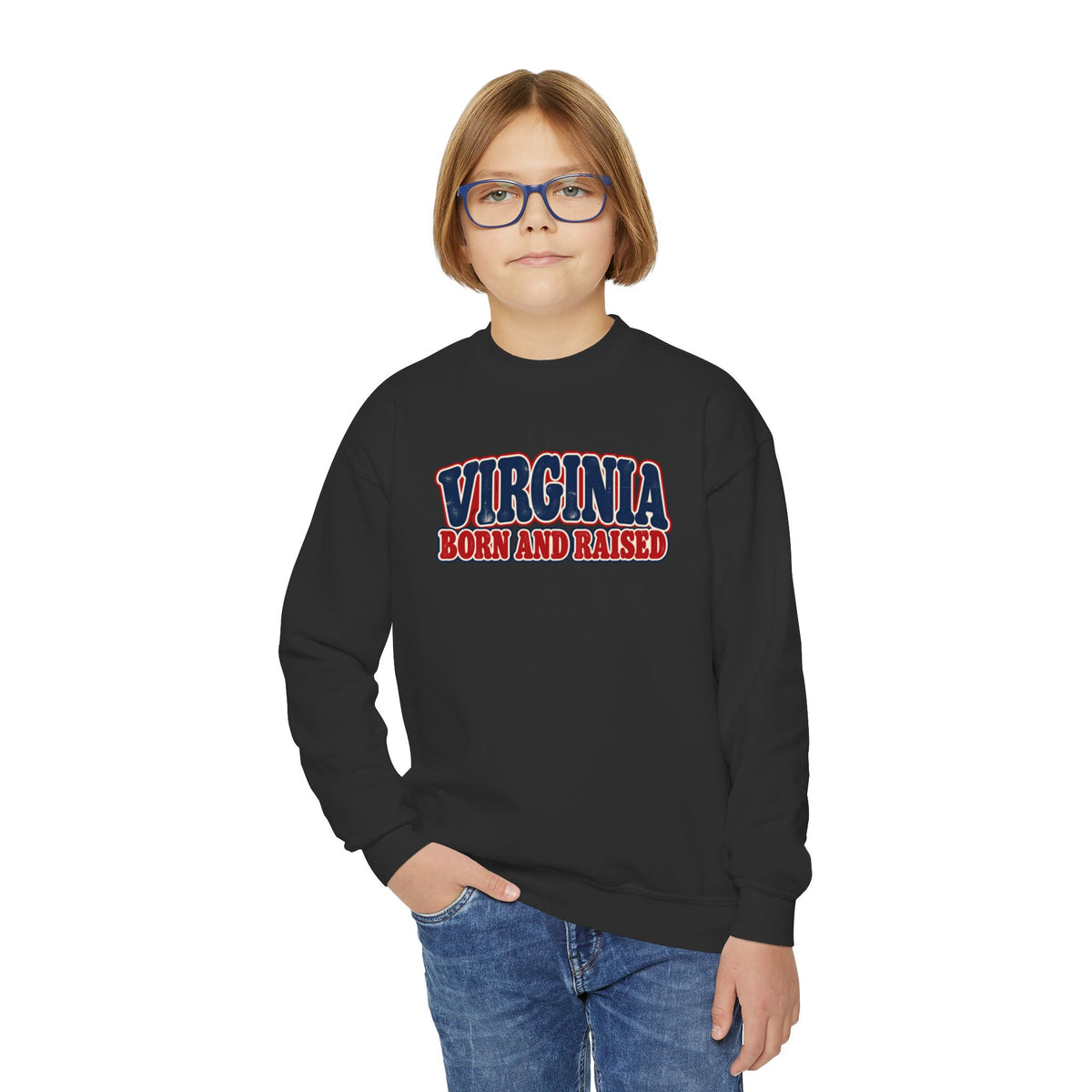 Virginia Born and Raised Retro 1970s Unisex Youth Crewneck Sweatshirt Graphic