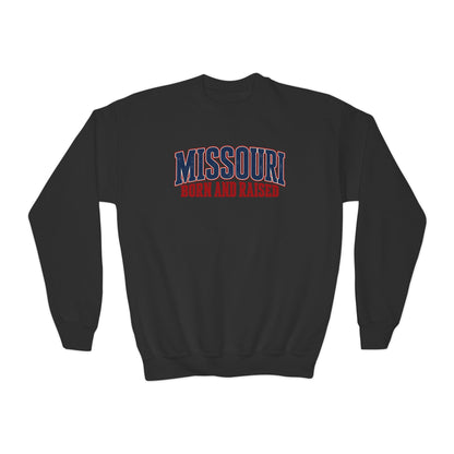 Missouri Born and Raised Vintage Americana Unisex Youth Crewneck Sweatshirt Graphic
