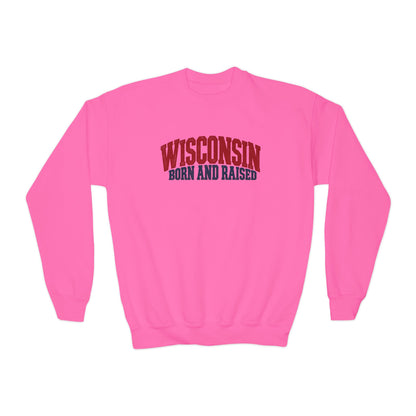 Wisconsin Born and Raised Vintage Americana Unisex Youth Crewneck Sweatshirt Graphic