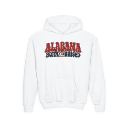 Alabama Born and Raised Retro 1970s Americana Unisex Youth Heavy Blend Hooded Sweatshirt Graphic