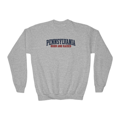 Pennsylvania Born and Raised Minimal Heritage Unisex Youth Crewneck Sweatshirt Graphic