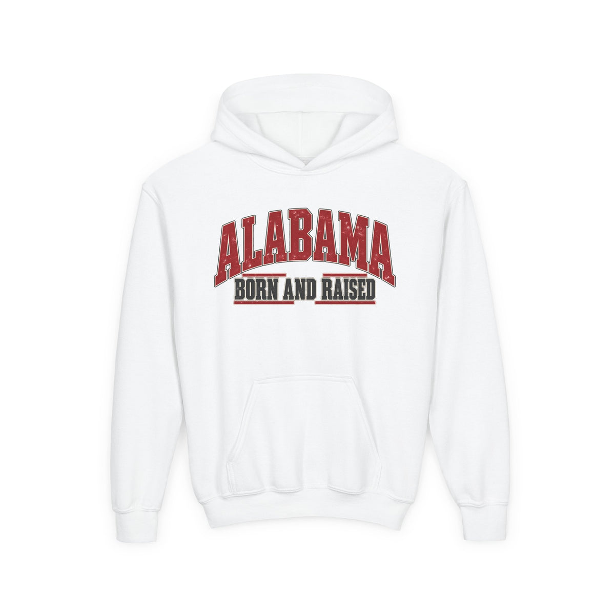 Alabama Born and Raised Bold Southern Americana Unisex Youth Heavy Blend Hooded Sweatshirt Graphic