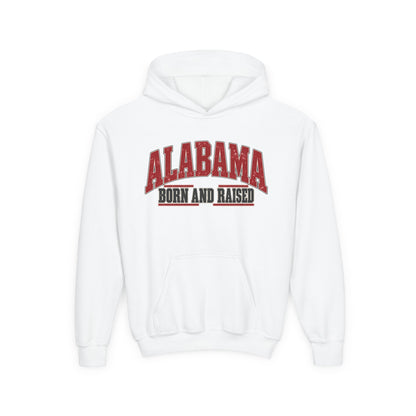 Alabama Born and Raised Bold Southern Americana Unisex Youth Heavy Blend Hooded Sweatshirt Graphic