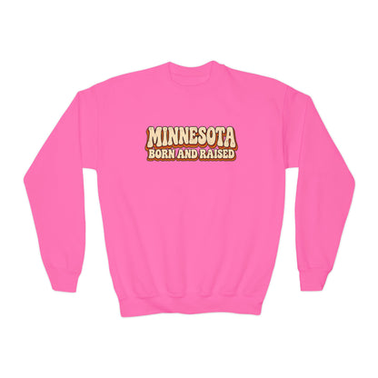 Minnesota Born and Raised Retro 1970s Unisex Youth Crewneck Sweatshirt Graphic