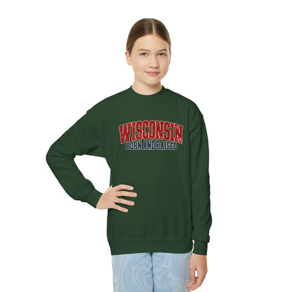 Wisconsin Born and Raised Midwest Heritage Unisex Youth Crewneck Sweatshirt Graphic