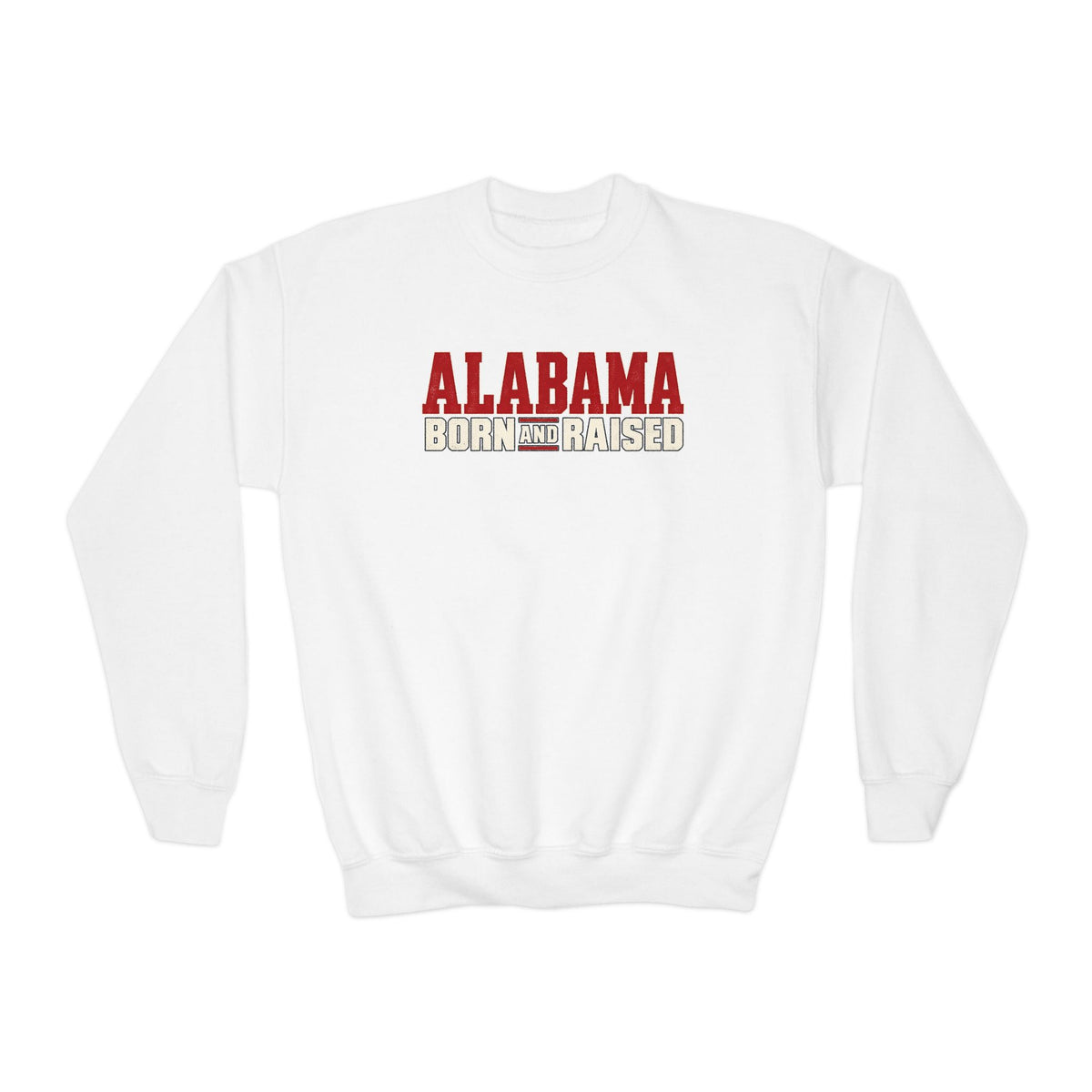 Alabama Born and Raised Premium Southern Streetwear Unisex Youth Crewneck Sweatshirt Graphic