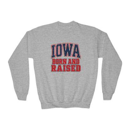 Iowa Born and Raised Vintage Collegiate Unisex Youth Crewneck Sweatshirt Graphic