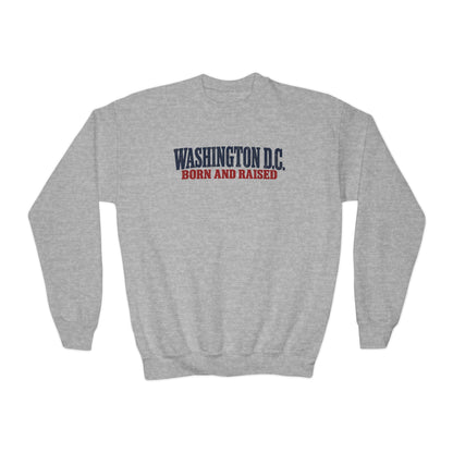 Washington DC Born and Raised Heritage Serif Unisex Youth Crewneck Sweatshirt Graphic