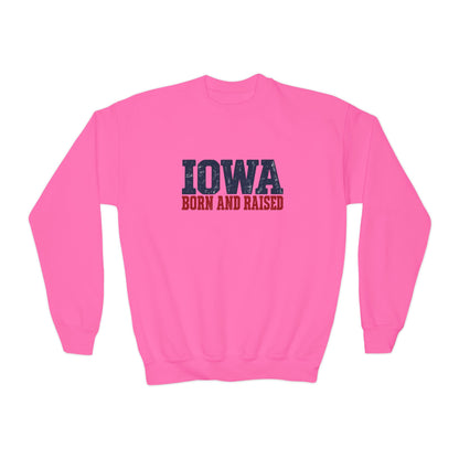 Iowa Born and Raised Rustic Midwest Unisex Youth Crewneck Sweatshirt Graphic