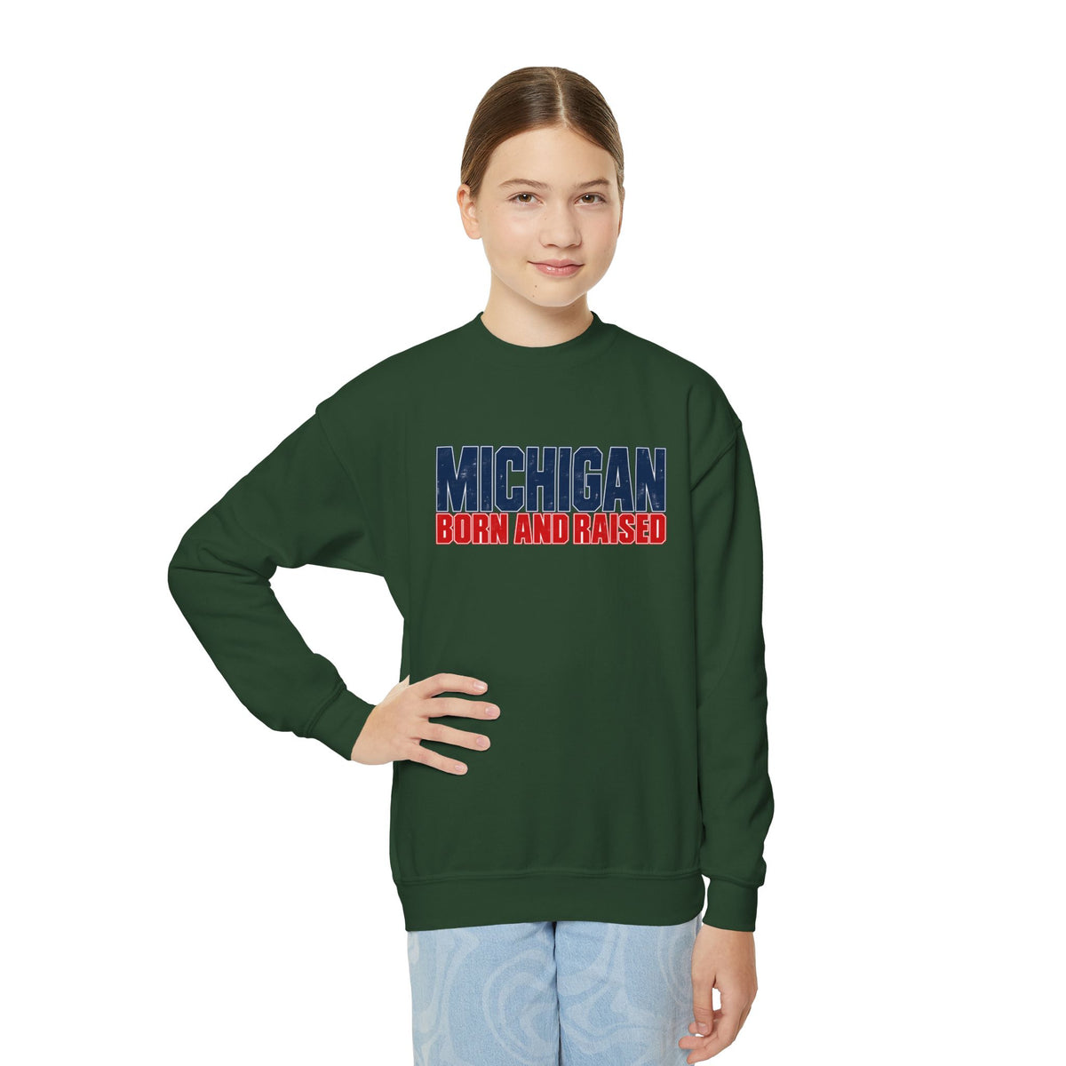 Michigan Born and Raised Modern Streetwear Unisex Youth Crewneck Sweatshirt