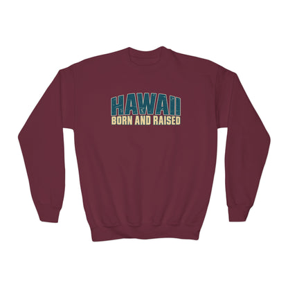 Hawaii Born and Raised Premium Surf Unisex Youth Crewneck Sweatshirt Graphic