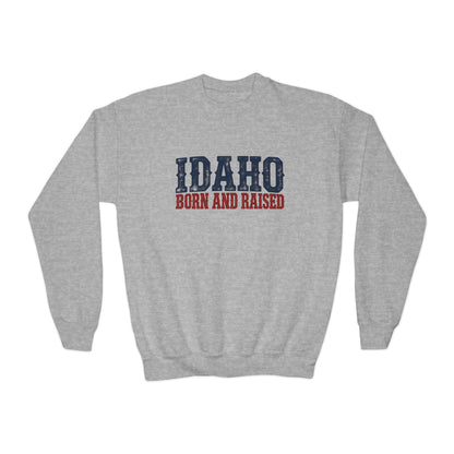 Idaho Born and Raised Rugged Western Unisex Youth Crewneck Sweatshirt Graphic