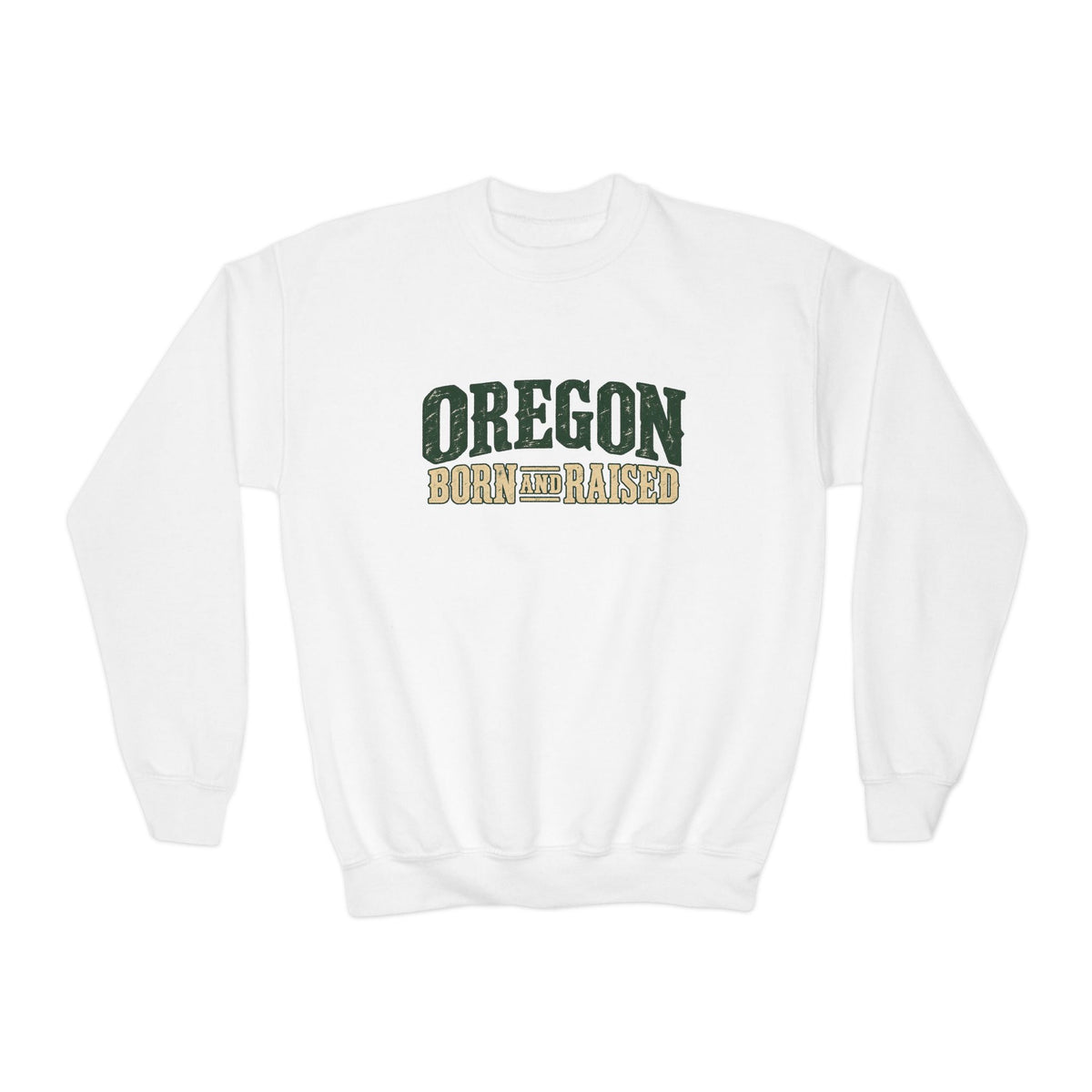 Oregon Born and Raised Rustic Pacific Northwest Unisex Youth Crewneck Sweatshirt Graphic