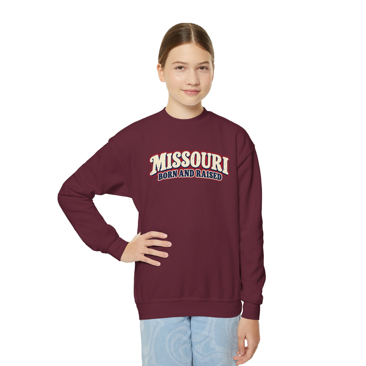 Missouri Born and Raised Retro 1970s Unisex Youth Crewneck Sweatshirt Graphic