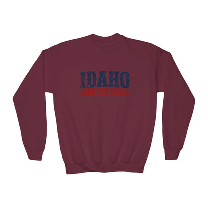 Idaho Born and Raised Rugged Western Unisex Youth Crewneck Sweatshirt Graphic