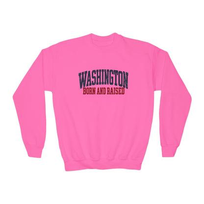 Washington Born and Raised Vintage Americana Unisex Youth Crewneck Sweatshirt Graphic