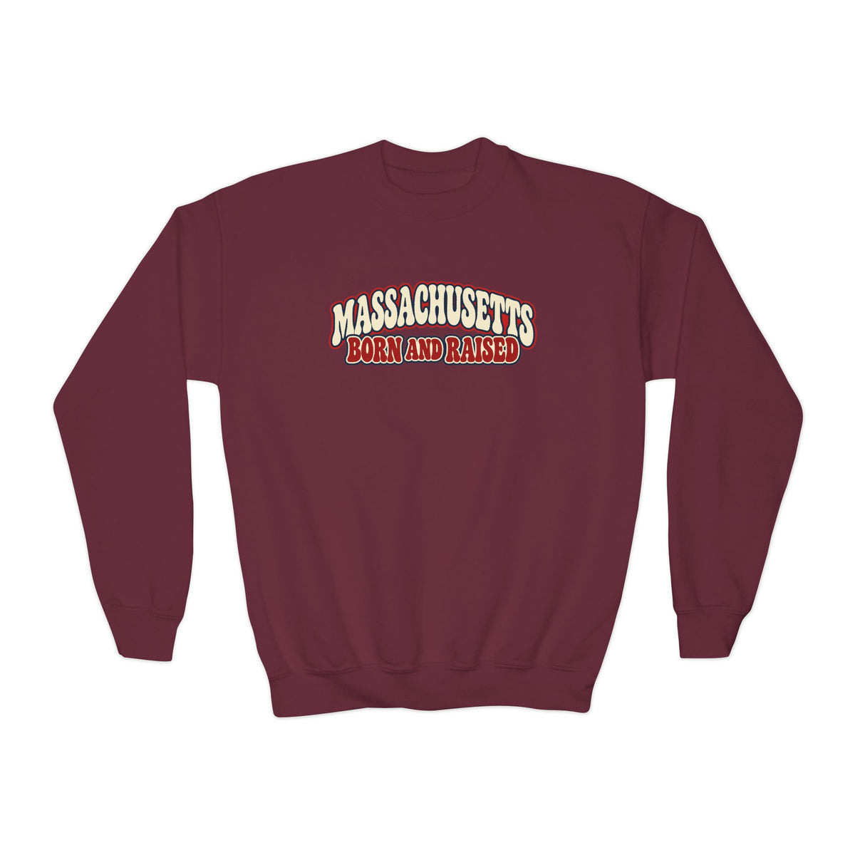 Massachusetts Born and Raised Retro 1970s Unisex Youth Crewneck Sweatshirt