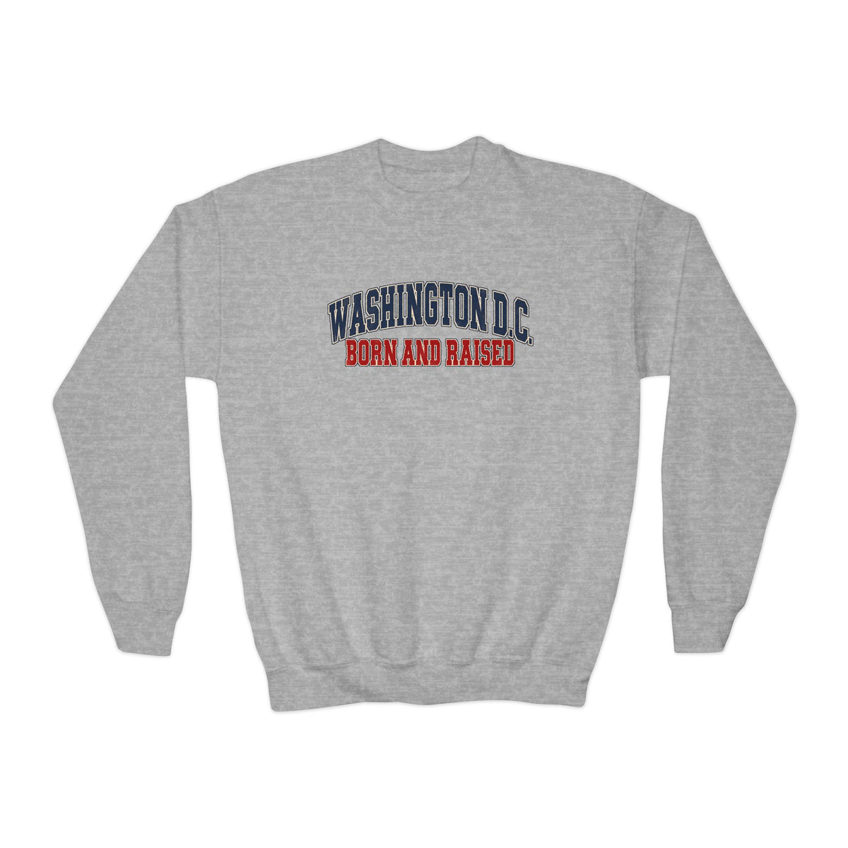 Washington DC Born and Raised Classic Collegiate Unisex Youth Crewneck Sweatshirt Graphic