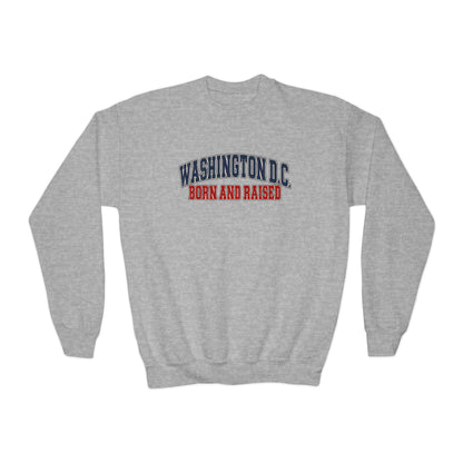 Washington DC Born and Raised Classic Collegiate Unisex Youth Crewneck Sweatshirt Graphic