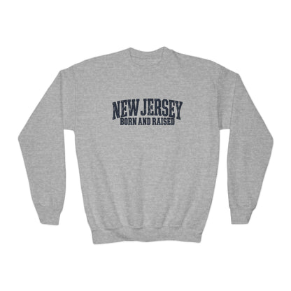 New Jersey Born and Raised Premium East Coast Heritage Unisex Youth Crewneck Sweatshirt Graphic