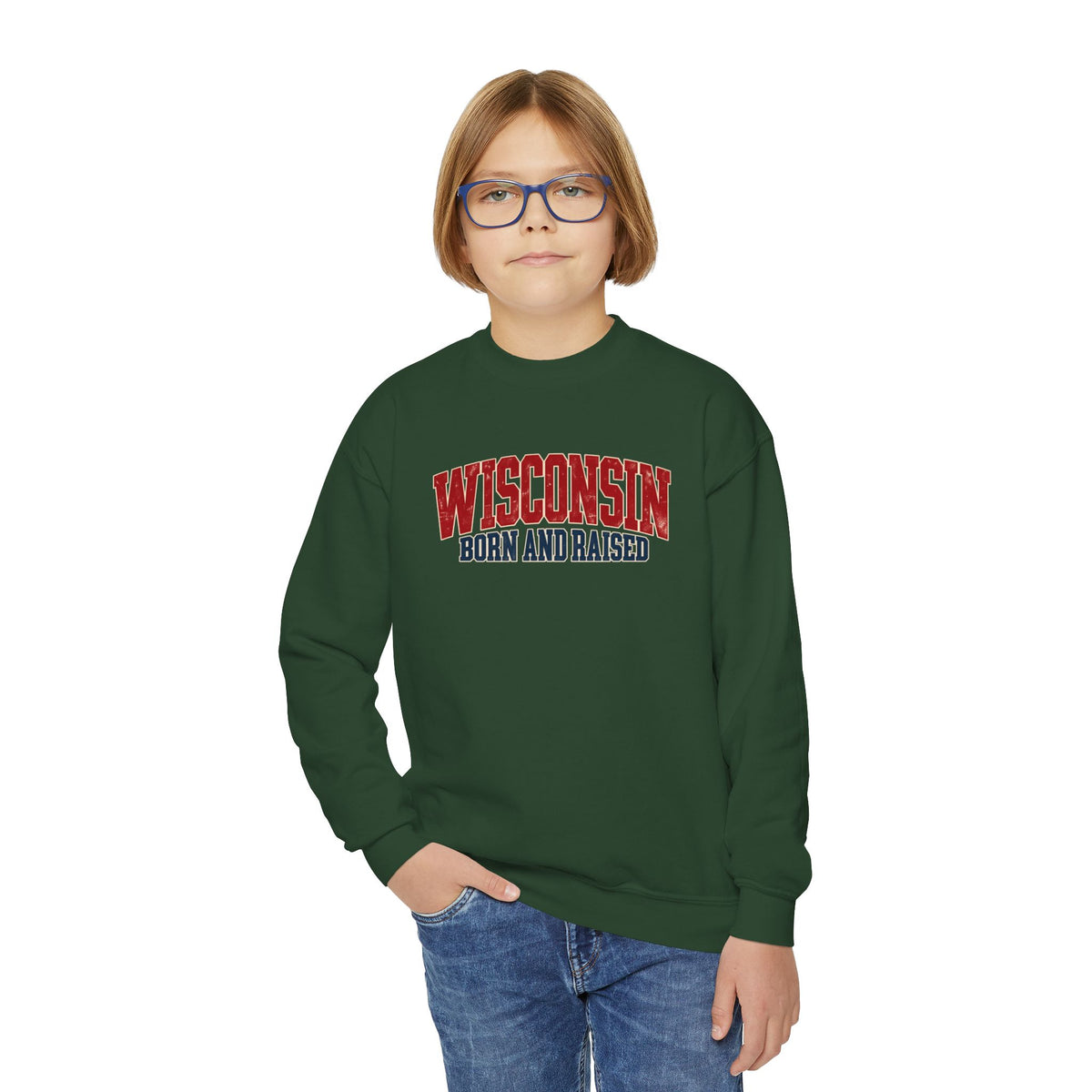 Wisconsin Born and Raised Midwest Heritage Unisex Youth Crewneck Sweatshirt Graphic