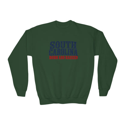 South Carolina Born and Raised Southern Heritage Unisex Youth Crewneck Sweatshirt Graphic