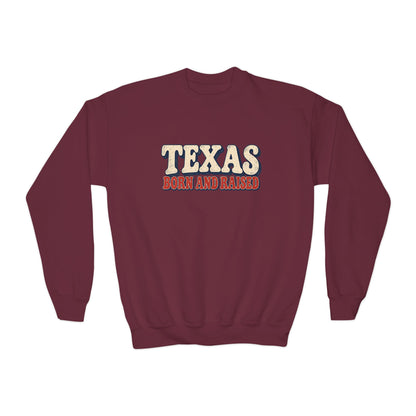 Texas Born and Raised  Retro Americana Unisex Youth Crewneck Sweatshirt Graphic